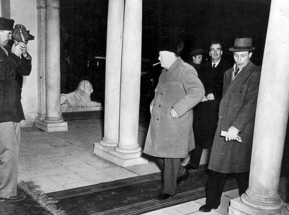 Bristish Prime Minister arrives at the Livadia Palace in Yalta (URSS) Feb.1945 British Prime Minister Winston S.Churchill and Bristish Secretary for Foreign Affaires Anthony Eden arrives at the Livadia Palace in the Crimea during the Crimea Conference February ,1945 Copyright: xPhoto12 Coll-DITE USISx DIT01068_142