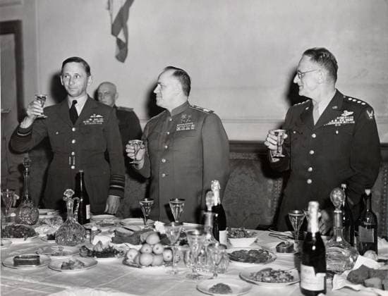 Allied leaders toasting to the German surrender in Berlin (May 7, 1945) At Russian Headquarters in Berlin (Germany), British Air Chief Marshal Sir Arthur Tedder, Deputy Supreme Commander, Russian Field Marshal Georgi K. Zhukov, Deputy Commander in Chief of Soviet Forces and General Carl A. Spaatz, USTAF, toasting to the signing of the German unconditional surrender which terms were agreed at Reims (France) May 7, 1945 . Copyright: xPhoto12 Coll-DITE USISx DIT01079_224