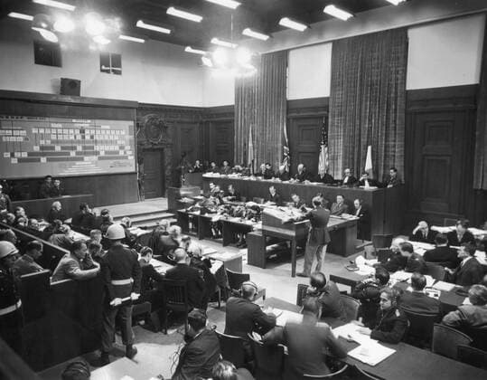 General view of the Nuremberg s International Tribunal (November 22, 1945) Showing of Nazi chain of command highlights, 3rd day of Nuremberg trials. At lower left are Rudolf Hess and Hermann GÃ¶ring (November 22, 1945). Copyright: xPhoto12 Coll-DITE USISx DIT01138_002
