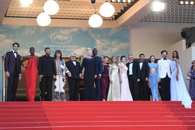 Matteo Bocelli, Aamito Lagum, Doug Mitchell, George Miller, Margaret Sixel, Doug Mitchell, Tilda Swinton, Idris Elba, Augusta Gore, Ece Yuksel, Zerrin Tekindor, Ogulcan Arman Uslu, Erdil Yasaroglu, Burcu Golgedar and Sabrina Elba attend the screening of Three Thousand Years Of Longing (Trois Mille Ans A T Attendre) during the 75th Cannes Film Festival in Cannes, France. MAY 20th 2022  RHDx22151
