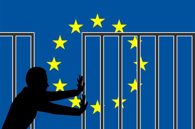 Concept sign and appeal for humanitarian asylum policy in Europe , 25603684.jpg, Europe, fortress, fortress Europe, EU, border, open border, refugee, asylum, asylum seeker, immigrant, European Union, European countries, migrants, migration, policy, immigration, immigration policy, humanitarian, tragedy, drama, appeal, restriction, strategy, politics, government, flag, asylum policy, prejudice, human rights, sign, symbol, metaphor, help,