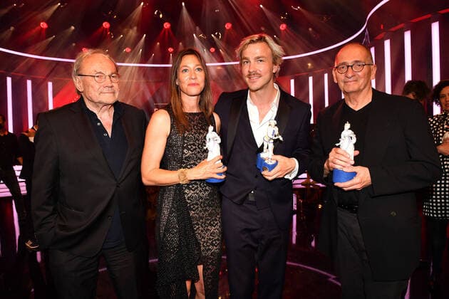Klaus Maria Brandauer and the award winners Johanna Wokalek, Albrecht Schuch and Dominik Graf on stage at the Bavarian Film Award 2022 ceremony at the Prinzregententheater in Munich Bavarian Film Award 2022 in Munich on 20 05 2022