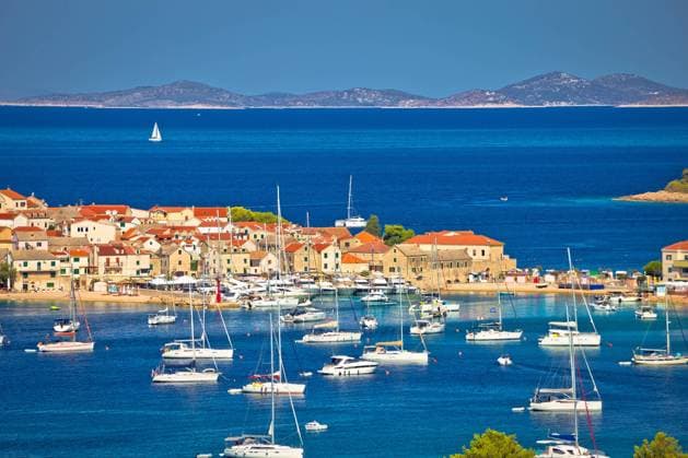 Adriatic tourist destination of Primosten aerial archipelago view, Dalmatia, Croatia , 27189550.jpg, primosten, adriatic, architecture, blue, sea, ocean, landscape, old, croatia, mediterranean, dalmatia, town, city, historic, croatian, stone, tower, church, panoramic, view, scenic, beautiful, green, traditional, tourist, destination, famous, bay, hill, village, coastal, waterfront, architectural, coast, europe, summer, peninsula, aerial, panorama, nature, rock, dalmatian, boat, archipelago, cruiser, cruising, ship, island,