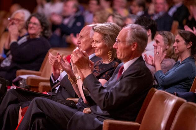 Queen Mathilde of Belgium (C) pictured during the proclamation of the twelve finalists of the Queen Elisabeth cello Competition 2022, at the Brussels Flagey concert hall, Saturday 21 May 2022.  NICOLASxMAETERLINCK 35376228