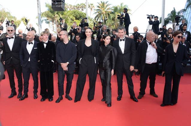 May 21, 2022, CANNES, France: CANNES, FRANCE - MAY 21: Producer David GauquiÃ , Joseph Engel, Charlotte Le Bon, Sara Montpetit and Jalil Lespert attend the screening of Triangle Of Sadness during the 75th annual Cannes film festival at Palais des Festivals on May 21, 2022 in Cannes, France. CANNES France - ZUMAi09_ 20220521_zaf_i09_014 Copyright: xFrederickxInjimbertx