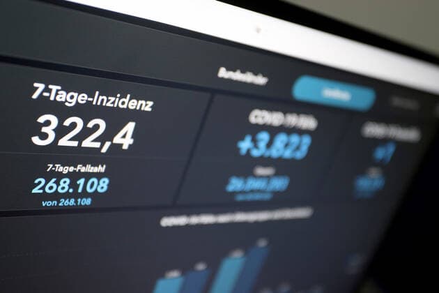 RKI dashboard, 7 day incidence is now 322.4 7 day incidence, RKI dashboard on a monitor on 22 05 2022 in Siegen Germany.