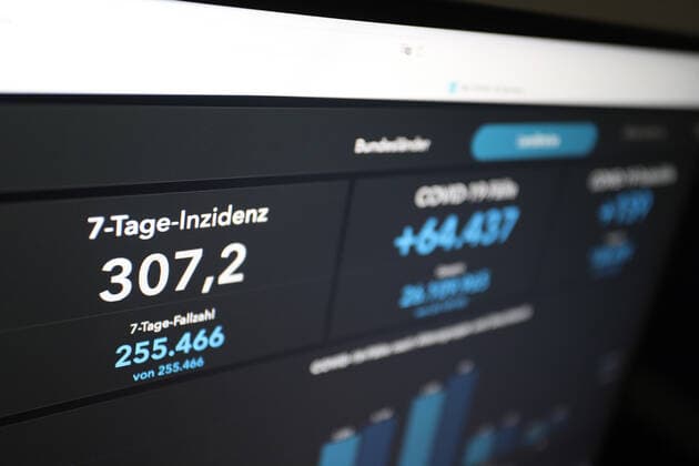 RKI dashboard, 7 day incidence is now 307.2 7 day incidence, RKI dashboard on a monitor on 24 05 2022 in Siegen Germany.