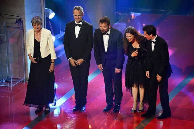 This year s Polar Prize laureate, Ensemble intercontemporain, represented by flutist Sophie Cherrier, General Manager Olivier Leymarie, Conductor Matthias Pintscher and two unidentified members during the Polar Music Prize Award Ceremony at Grand Hotel in Stockholm, May 24, 2022 STOCKHOLM SWEDEN x10070x,  Copyright: xJessicaxGow TTx POLAR MUSIC PRIZE 2022