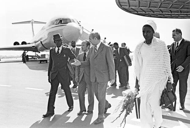 Delegation from Guinea 570704 01.08.1976 Meeting a delegation from the Legislative Assembly of the Republic of Guinea led by deputy speaker Abubakar Dukure at Sheremetyevo Airport. Vladimir Rodionov Sputnik Moscow Russia  Copyright: xVladimirxRodionovx