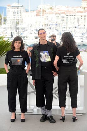 75th Cannes film festival 2022, Photocall film Bachennya Metelyka (Butterfly Vision) . Pictured: Yelizaveta Smith, Director Maksym Nakonechnyi, Darya Bassel  Copyright: xAlbertoxTerenghi Cannesx2022x xix xVenezia2020x