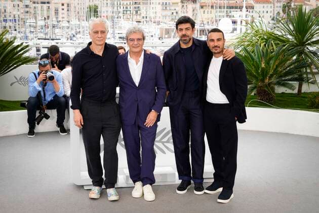 IPP Photo Daniele Cifala™ Cannes 25 05 2022 Nostalgia Photocall The 75th Annual Cannes Film Festival in the photo Tommaso Ragno, Director Mario Martone, Pierfrancesco Favino and Francesco Di Leva Italy Photo Press World Copyright  0