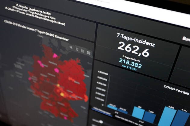 RKI dashboard, 7 day incidence is now 262.6 7 day incidence, RKI dashboard on a monitor on 26 05 2022 in Siegen Germany.