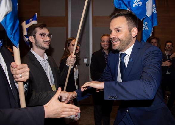 May 28, 2022, Boucherville, PQ, Canada: Parti Quebecois Leader Paul St-Pierre Plamondon greets supporters prior to speaking at the partyöÄÃ s national council meeting in Boucherville, Que., Saturday, May 28, 2022. Boucherville Canada  - ZUMAc35_ 20220528_zaf_c35_014 Copyright: xGrahamxHughesx