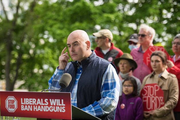 May 28, 2022, Etobicoke, ON, CANADA: Ontario Liberal Leader Steven Del Duca speaks to the media during a campaign stop at Norris Crescent Parkette in Toronto, Saturday, May 28, 2022. Etobicoke CANADA  - ZUMAc35_ 20220528_zaf_c35_021 Copyright: xTijanaxMartinx