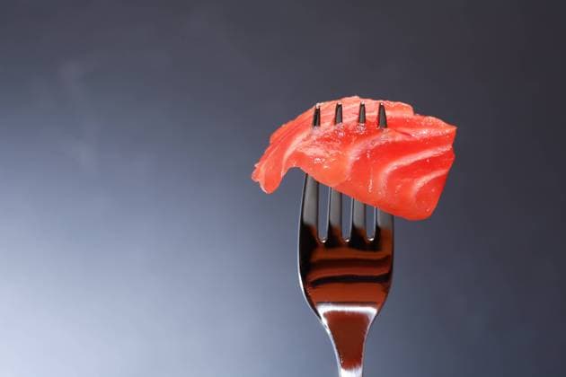 Closeup of steel fork with slice of salmon on dark background , 20415712.jpg, Salmon, Trout, Chinook, Fish, Snack, Appetizer, Gourmet, Meal, Food, Cooking, Restaurant, Portion, Slice, Eating, Seafood, Delicacy, Salted, Fork, Silverware,