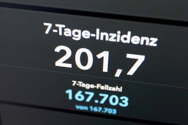 RKI dashboard, 7 day incidence is now 201.7 7 day incidence, RKI dashboard on a monitor on 31 05 2022 in Siegen Germany.