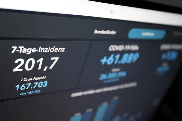 RKI dashboard, 7 day incidence is now 201.7 7 day incidence, RKI dashboard on a monitor on 31 05 2022 in Siegen Germany.