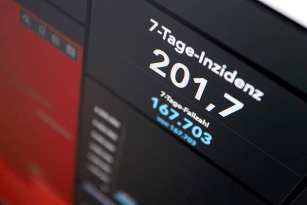 RKI dashboard, 7 day incidence is now 201.7 7 day incidence, RKI dashboard on a monitor on 31 05 2022 in Siegen Germany.
