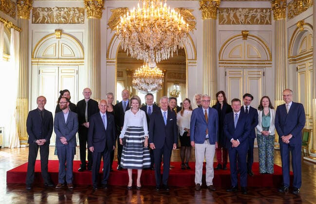 Jury members of the Queen Elisabeth , Queen Mathilde of Belgium, King Philippe - Filip of Belgium and Prince Laurent of Belgium pose for the photographer before a lunch at the Royal Palace for the Competition 2022 for Cello, in Brussels, Tuesday 31 May 2022.  VIRGINIExLEFOUR 35649474