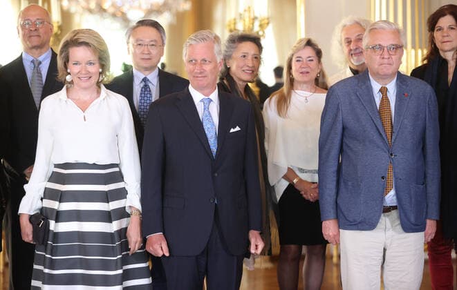 Queen Mathilde of Belgium, King Philippe - Filip of Belgium and Prince Laurent of Belgium pictured before a lunch at the Royal Palace for the jury members of the Queen Elisabeth Competition 2022 for Cello, in Brussels, Tuesday 31 May 2022.  VIRGINIExLEFOUR 35649488