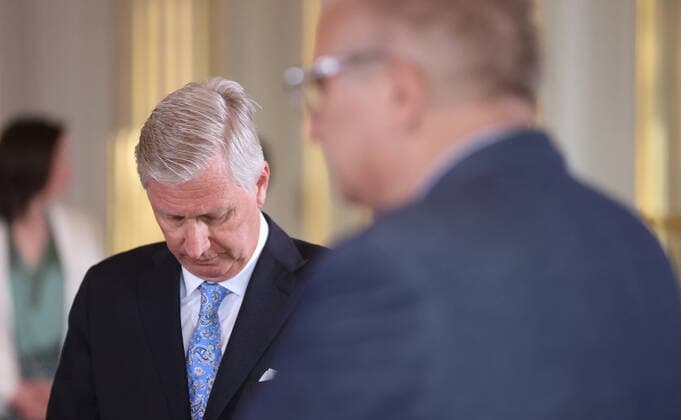 King Philippe - Filip of Belgium and Prince Laurent of Belgium pictured before a lunch at the Royal Palace for the jury members of the Queen Elisabeth Competition 2022 for Cello, in Brussels, Tuesday 31 May 2022.  VIRGINIExLEFOUR 35649501