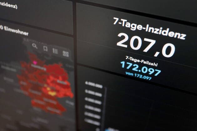 RKI dashboard, 7 day incidence is now 207.0 7 day incidence, RKI dashboard on a monitor on 01 06 2022 in Siegen Germany.