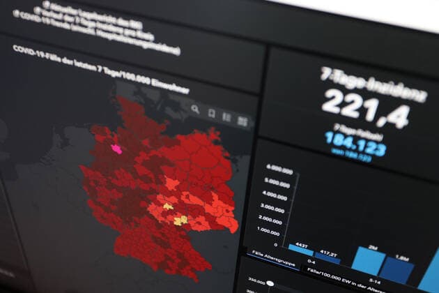 RKI dashboard, 7 day incidence is now 221.4 7 day incidence, RKI dashboard on a monitor on 02 06 2022 in Siegen Germany.