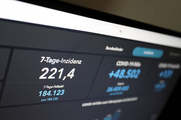 RKI dashboard, 7 day incidence is now 221.4 7 day incidence, RKI dashboard on a monitor on 02 06 2022 in Siegen Germany.