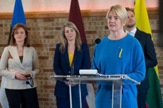 News Bilder des Tages June 2, 2022, QUEBEC, PQ, Canada: Minister of Foreign Affairs of the Republic of Estonia Eva-Maria Liimets speaks at a news conference as they meets Melanie Joly, centre behind, Minister of Foreign Affairs and her counterparts from the Baltic region, Zanda Kalnina-Lukasevica, centre, of LatviaÃ¢ Parliamentary Secretary of the Ministry of Foreign Affairs, left, and Minister of Foreign Affairs of the Republic of Lithuania Gabrielius Landsbergis, right, Thursday, June 2, 2022 in Quebec City. QUEBEC Canada  - ZUMAc35_ 20220602_zaf_c35_053 Copyright: xJacquesxBoissinotx
