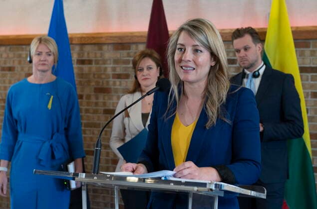June 2, 2022, QUEBEC, PQ, Canada: Minister of Foreign Affairs Melanie Joly, foreground, speaks at a news conference as she meets with her counterparts from the Baltic region, Minister of Foreign Affairs of the Republic of Estonia Eva-Maria Liimets, left, Zanda Kalnina-Lukasevica, centre, of LatviaöÄö Parliamentary Secretary of the Ministry of Foreign Affairs and Minister of Foreign Affairs of the Republic of Lithuania Gabrielius Landsbergis, right, on Thursday, June 2, 2022 in Quebec City. QUEBEC Canada  - ZUMAc35_ 20220602_zaf_c35_050 Copyright: xJacquesxBoissinotx