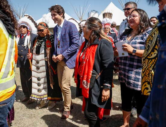 June 2, 2022, Siksika Nation, AB, CANADA: Prime Minister Justin Trudeau, centre, dances with Siksika Nation elders after a signing ceremony on the Siksika Nation in Siksika Nation, Alta., Thursday, June 2, 2022. Siksika Nation CANADA  - ZUMAc35_ 20220602_zaf_c35_079 Copyright: xJeffxMcintoshx