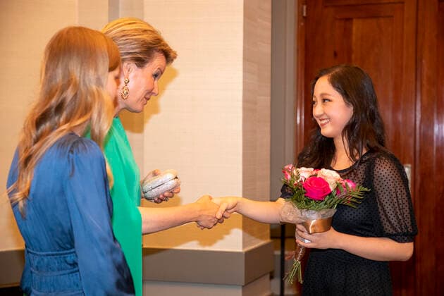 Queen Mathilde of Belgium (C) and winner Hayoung Choi (R) meet after the proclamation of the Queen Elisabeth Cello Competition 2022, at the Bozar Palais des Beaux Arts, in Brussels, Saturday 04 June 2022.  NICOLASxMAETERLINCK 35840243