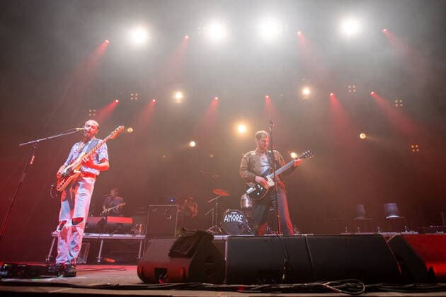 Innsbruck 04 06 2022, Olympiahalle, Innsbruck, AUT, Wanda concert, in picture from l bassist Reinhold Ray Weber, singer Marco Michael Wanda of the band Wanda left to right bassist Reinhold Ray Weber Singer Marco Michael Wanda of the Austrian band Wanda during a concert of Wanda at the Olympiahalle in Innsbruck, Austria on 2022 06 04 Expa  EP_gro
