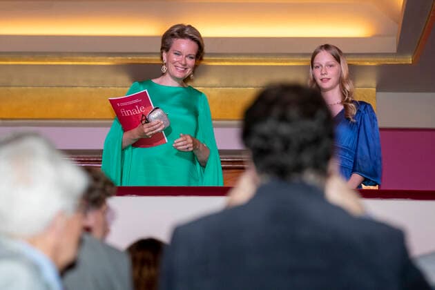 Queen Mathilde of Belgium and Princess Eleonore pictured at the final session of the Queen Elisabeth Cello Competition 2022, at the Bozar Palais des Beaux Arts, in Brussels, Saturday 04 June 2022.  NICOLASxMAETERLINCK 35856601