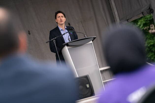 June 5, 2022, London, ON, Canada: Prime Minister Justin Trudeau speaks during a ceremony and march in memory of the Afzaal family in London, Ont. on Sunday, June 5, 2022. The events are to honour the Muslim family mowed down one year ago by a pickup truck driver while they took an evening walk. London Canada  - ZUMAc35_ 20220605_zaf_c35_043 Copyright: xGeoffxRobinsx