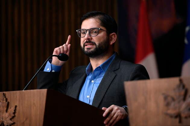 June 6, 2022, Ottawa, ON, CAN: President of the Republic of Chile Gabriel Boric participates in a joint news conference with Prime Minister Justin Trudeau, not shown, in Ottawa, on Monday, June 6, 2022. Ottawa CAN  - ZUMAc35_ 20220606_zaf_c35_021 Copyright: xJustinxTangx
