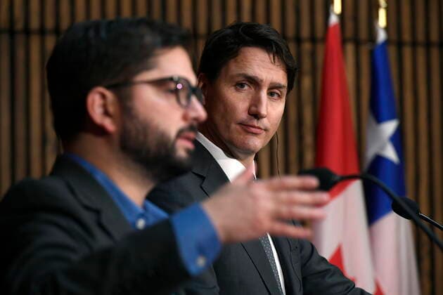 June 6, 2022, Ottawa, ON, CAN: Prime Minister Justin Trudeau and President of the Republic of Chile Gabriel Boric participate in a joint news conference in Ottawa, on Monday, June 6, 2022. Ottawa CAN  - ZUMAc35_ 20220606_zaf_c35_022 Copyright: xJustinxTangx