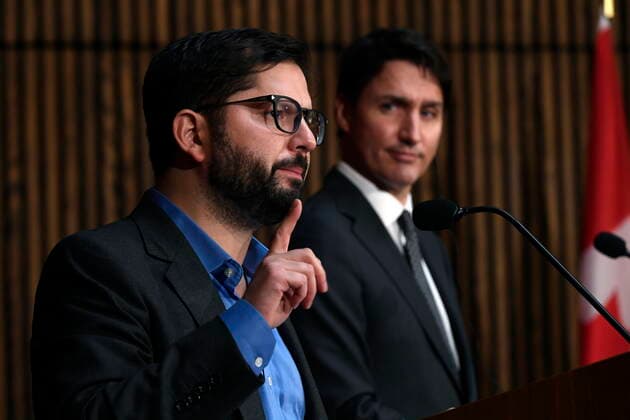 June 6, 2022, Ottawa, ON, CAN: Prime Minister Justin Trudeau and President of the Republic of Chile Gabriel Boric participate in a joint news conference in Ottawa, on Monday, June 6, 2022. Ottawa CAN  - ZUMAc35_ 20220606_zaf_c35_023 Copyright: xJustinxTangx