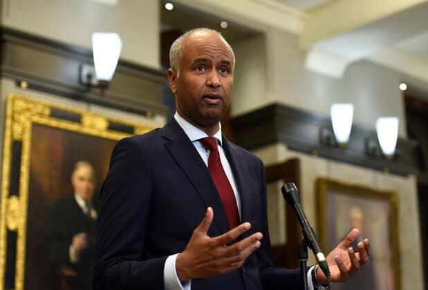 June 6, 2022, Ottawa, ON, CAN: Minister of Housing and Diversity and Inclusion Ahmed Hussen speaks during a news conference on the governmentöÄÃ s work to combat Islamophobia, on the one-year anniversary of the vehicle attack on the Afzaal family in London, Ont., in the foyer of the House of Commons in Ottawa, on Monday, June 6, 2022. Ottawa CAN - ZUMAc35_ 20220606_zaf_c35_030 Copyright: xJustinxTangx