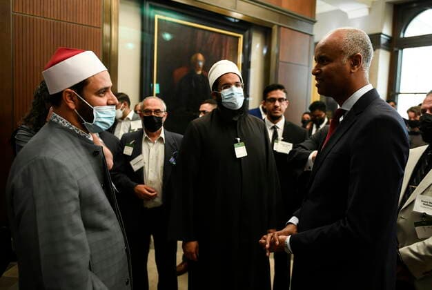 June 6, 2022, Ottawa, ON, CAN: Imam Refaat Mohamed, President of the Canadian Council of Imams, centre, speaks with Minister of Housing and Diversity and Inclusion Ahmed Hussen speaks after a news conference on the governmentöÄÃ s work to combat Islamophobia, on the one-year anniversary of the vehicle attack on the Afzaal family in London, Ont., in the foyer of the House of Commons in Ottawa, on Monday, June 6, 2022. Ottawa CAN - ZUMAc35_ 20220606_zaf_c35_031 Copyright: xJustinxTangx