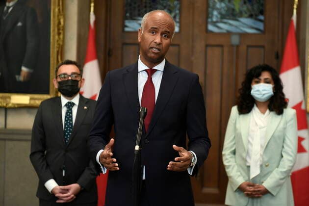 June 6, 2022, Ottawa, ON, CAN: Minister of Housing and Diversity and Inclusion Ahmed Hussen speaks during a news conference on the governmentöÄÃ s work to combat Islamophobia, on the one-year anniversary of the vehicle attack on the Afzaal family in London, Ont., in the foyer of the House of Commons in Ottawa, on Monday, June 6, 2022. Ottawa CAN - ZUMAc35_ 20220606_zaf_c35_034 Copyright: xJustinxTangx