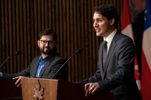 Canadian President Justin Trudeau speaks during a press conference with his Chilean counterpart Gabriel Boric (L) at the National Arts Center in Ottawa, Canada, 06 June 2022. Boric is on an official tour that will also take him to the 2022 Summit of the Americas, which will take place in the US city of Los Angeles. EFE Alberto Valdes Chilean President Gabriel Boric meets with Justin Trudeau !ACHTUNG: NUR REDAKTIONELLE NUTZUNG!  Copyright: xAlbertoxValdesx AME4950 20220606-84542495670eb910a092c35d6570eb0a9d49de5e