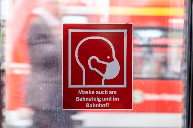 sign in a moving local train mask obligation 02 06 2022 Germany, Baden Württemberg, Backnang