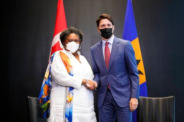 June 8, 2022, Los Angeles, Californioa, USA: Prime Minister Justin Trudeau takes part in a bilateral meeting with the Prime Minister of Barbados, Mia Mottley during the Summit of the Americas in Los Angeles, Calif., on Wednesday, June 8, 2022. Los Angeles USA  - ZUMAc35_ 20220608_zaf_c35_068 Copyright: xSeanxKilpatrickx