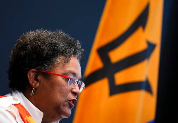 June 8, 2022, Los Angeles, Californioa, USA: Prime Minister of Barbados, Mia Mottley takes part in a bilateral meeting with Prime Minister Justin Trudeau (not pictured) during the Summit of the Americas in Los Angeles, Calif., on Wednesday, June 8, 2022. Los Angeles USA  - ZUMAc35_ 20220608_zaf_c35_071 Copyright: xSeanxKilpatrickx