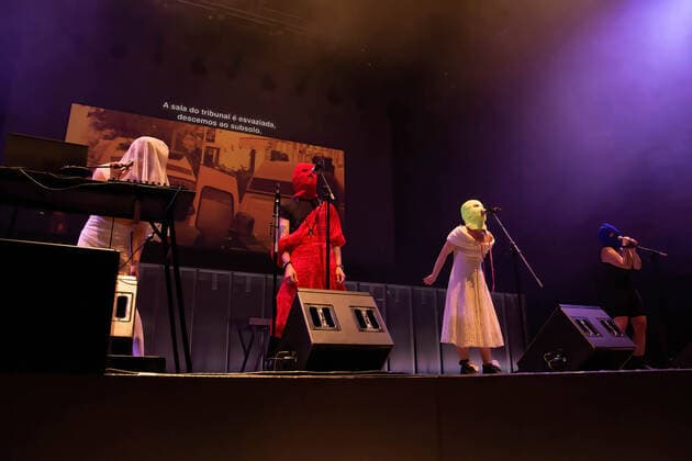 June 9, 2022, Porto, Portugal: Marija Aljochina Masha, Olga Borisova, Anton Ponomarev and Diana Burkot from the Russian activists group, Pussy Riot, perform at Casa da Musica, in Porto. Russian Activists part of a feminist punk rock group, Pussy Riot staged a music, dance performance at Casa da Musica with an aim to sell tickets whose profits would help in the construction of a paediatric hospital in Ukraine..Pussy Riot is a band known for holding concerts and political rally events, in favour of women s rights and an opponent of the Putin regime. Porto Portugal - ZUMAs197 20220609_zaa_s197_078 Copyright: xRitaxFrancax