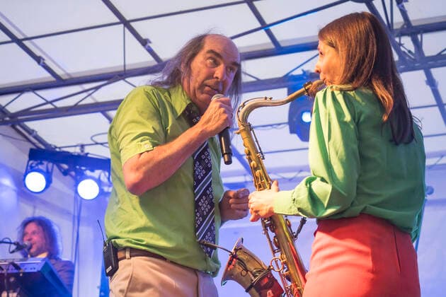 Singer Guildo Horn and saxophonist Mademoiselle Gazelle on 10 06 2022 at the concert of Guildo Horn and his band Die Orthopaedischen Struempfe on the stage of the Berlin Steglitzer Woche Guildo Horn concert Berlin