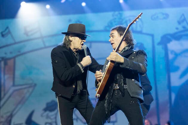 Saenger, musician Udo LINDENBERG left with musician, guitarist Joerg Jörg SANDER right , at his concert in the L A N X E S S A R E N A in Cologne, on 10 06 2022,
