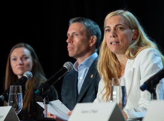 June 12, 2022, Montreal, PQ, Canada: Minister of Sport Pascale St-Onge, right, with Olympic athlete Rosie MacLennan and COC CEO David Shoemaker, speaks during a news conference in Montreal, Sunday, June 12, 2022. Montreal Canada  - ZUMAc35_ 20220612_zaf_c35_004 Copyright: xGrahamxHughesx