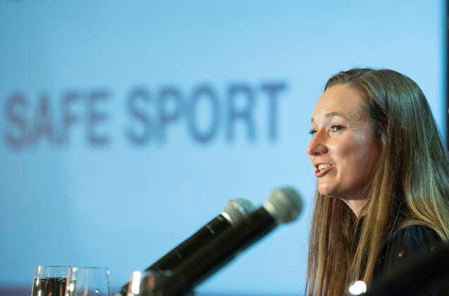 June 12, 2022, Montreal, PQ, Canada: Olympic athlete Rosie MacLennan speaks during a news conference in Montreal, Sunday, June 12, 2022. Montreal Canada  - ZUMAc35_ 20220612_zaf_c35_008 Copyright: xGrahamxHughesx